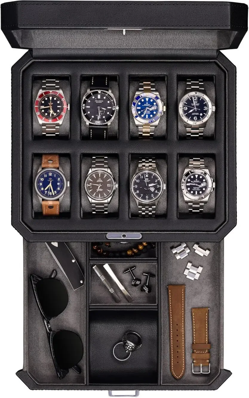Luxury 8 Slot Leather Watch Box with Valet Drawer - Black/Grey Organizer